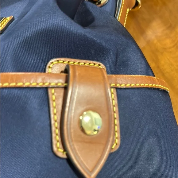 Dooney & Bourke Italian Nylon Navy and Brown Hobo Drawstring Bag - Picture 11 of 15